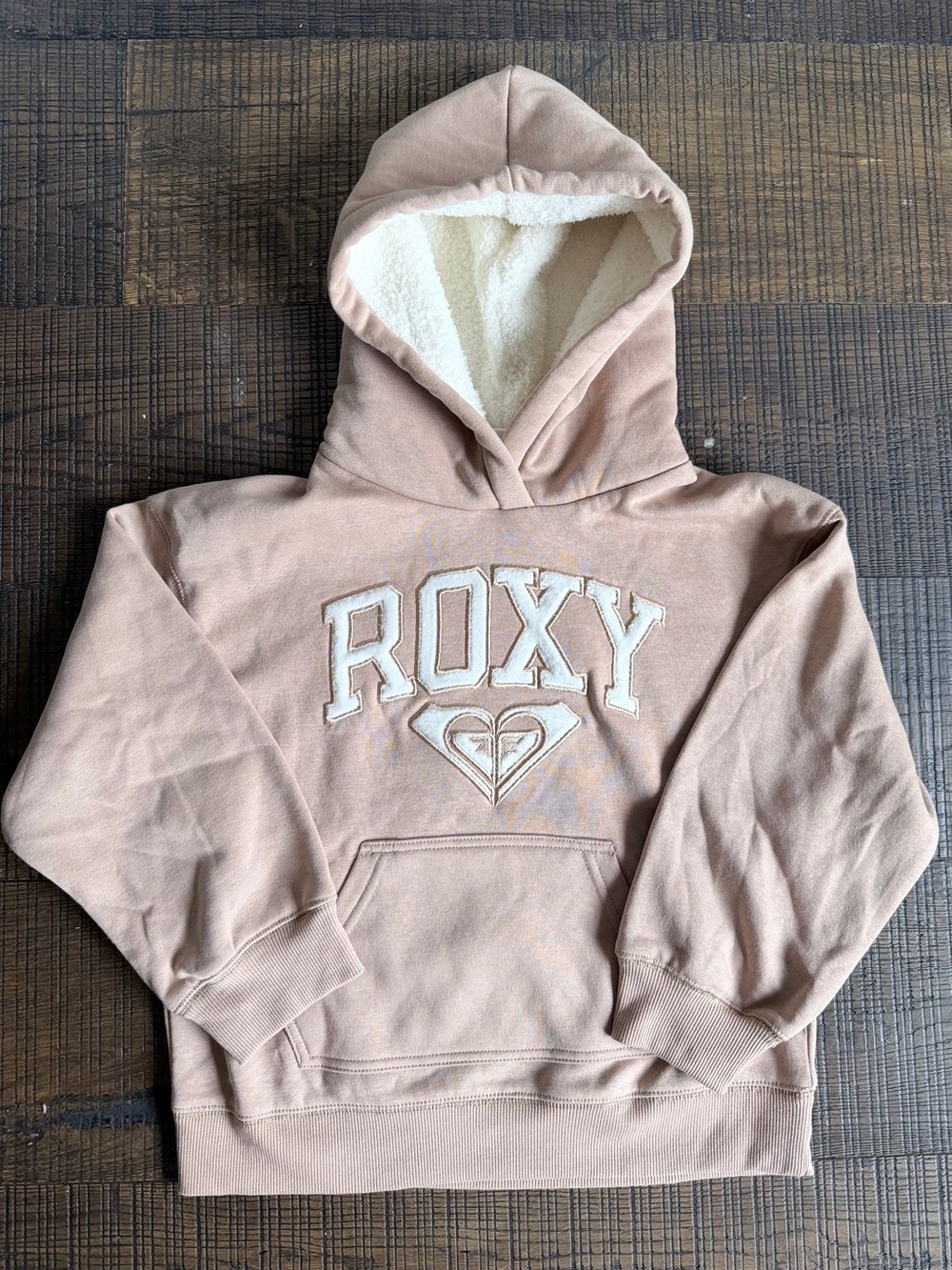 ROXY Girl’s ‘Boucle’ Embroidered Fleece Hoodie Sherpa-lined Hood, Taupe, Sz 7